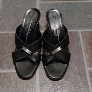 Salvatore Ferragamo black Logo black Crossover Strip Slip on block heel Sandal 7